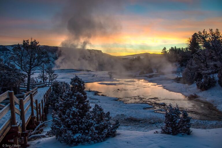 Mammoth Hot Springs in Yellowstone National Park at Sunrise