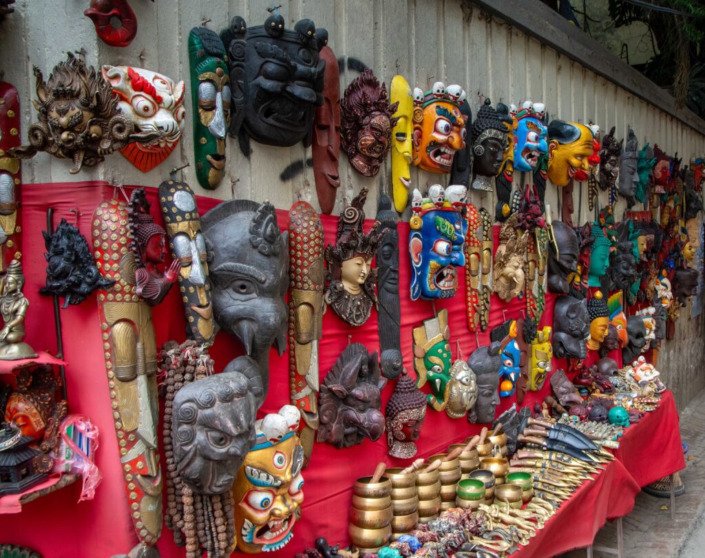 Masks displayed for sale at a Kathmandu market