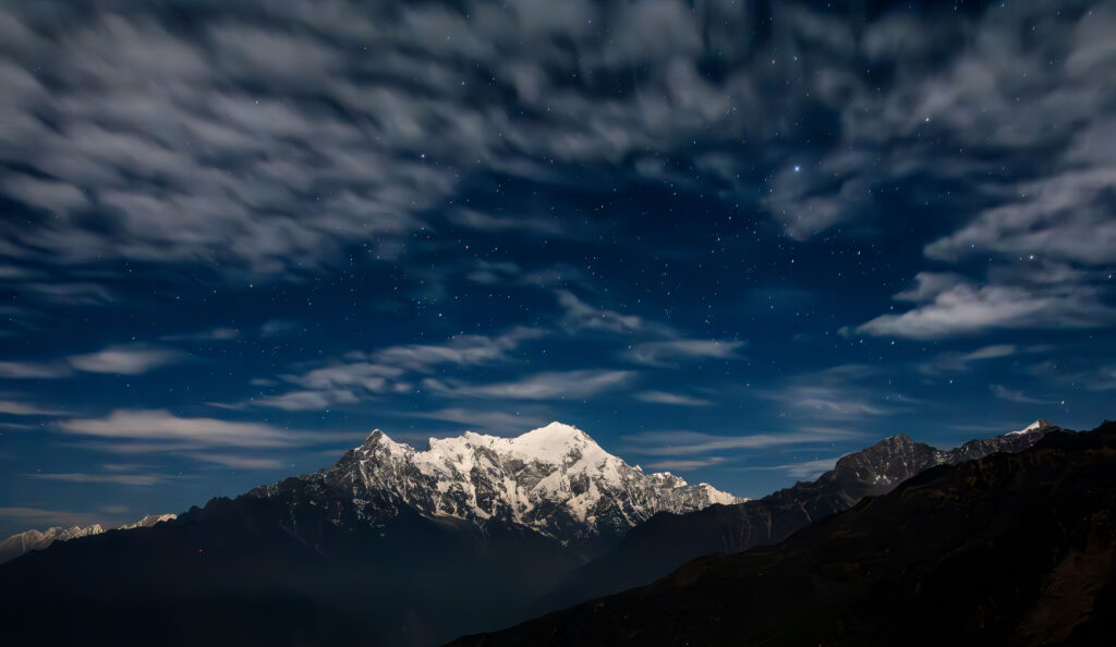 Mount Langtang Lirung underneath the starry night sky