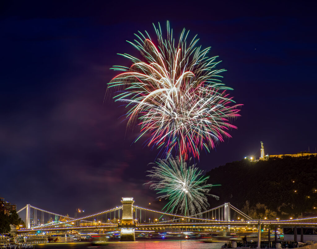 Fireworks over a bridge