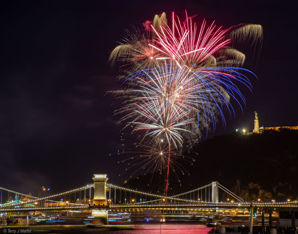 Fireworks over a bridge