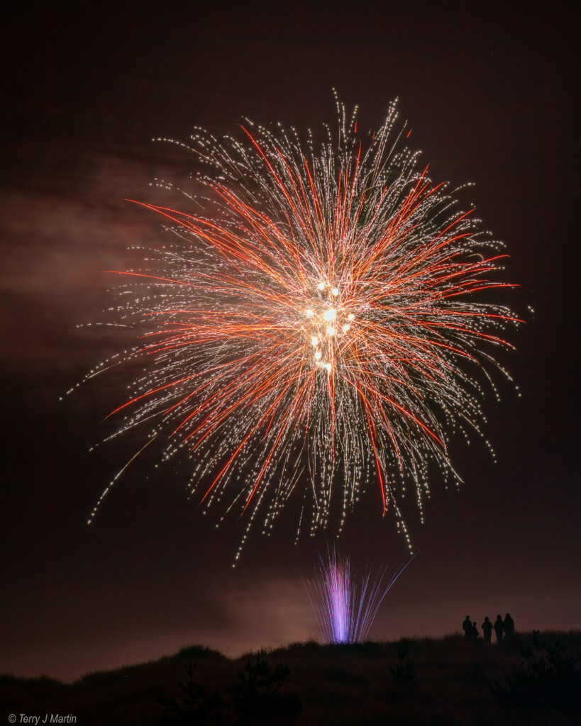 Large fireworks in the night sky with small silhouettes of people in the foreground