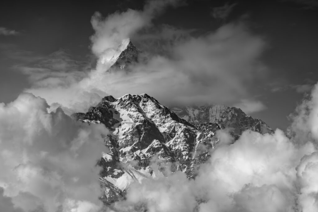 A black and white image of Machapuchare (Sacred Fishtail Mountain)