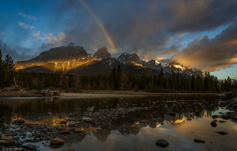 A rainbow above Mt Rundle in Banff National Park